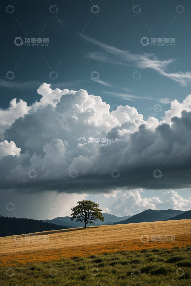 高清大图下载【趣麦麦图】原野孤树与壮丽云层景观