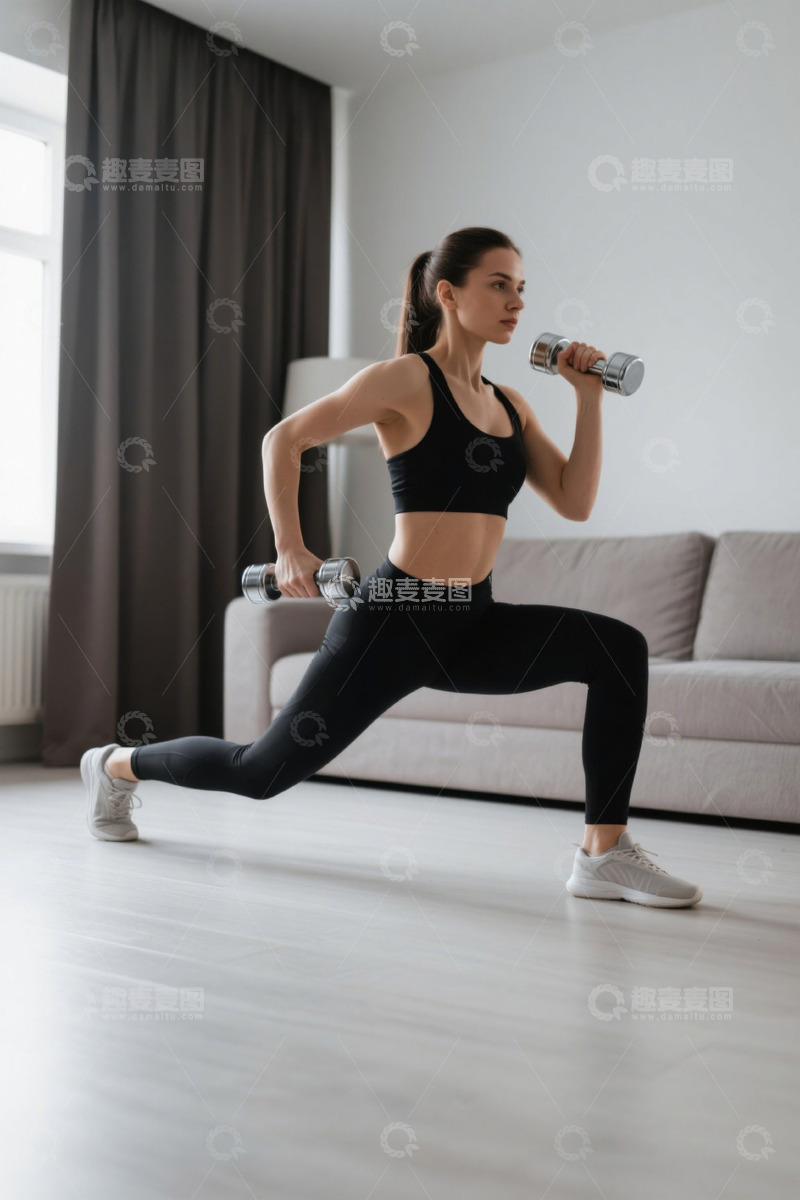 高清大图下载【趣麦麦图】女性居家举哑铃健身画面