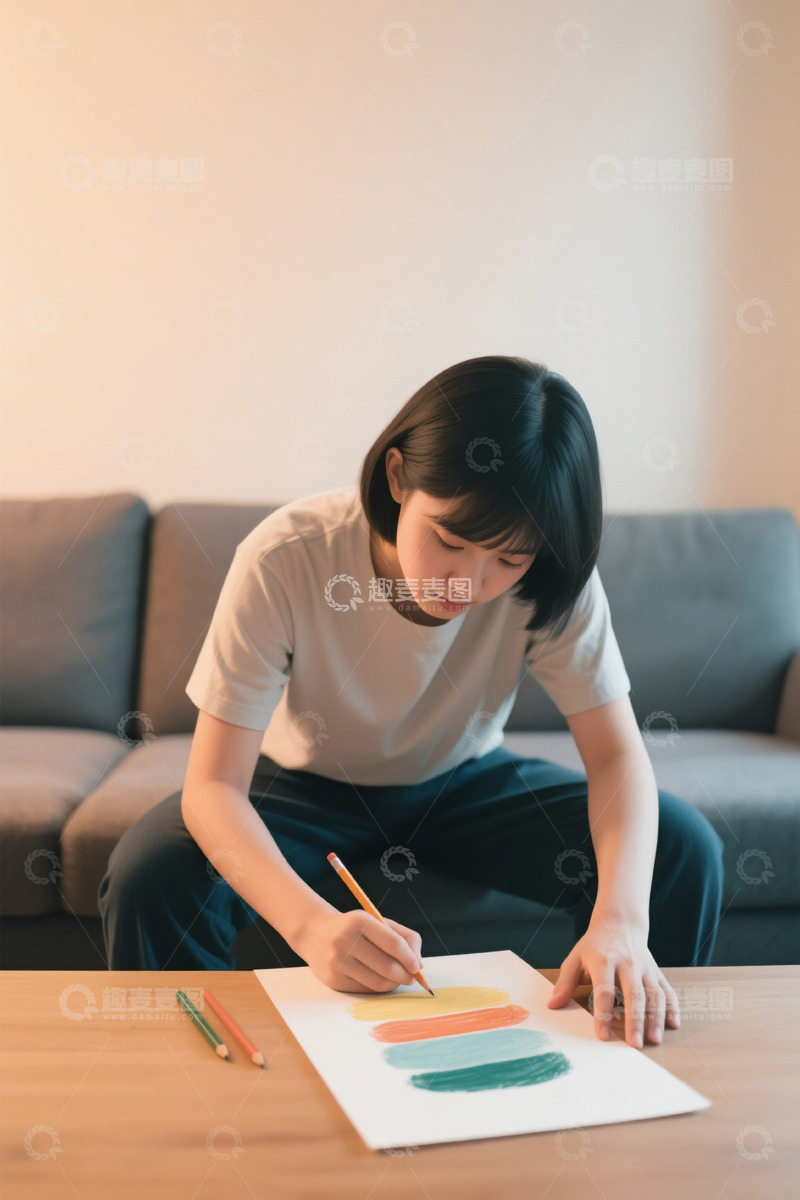 高清大图下载【趣麦麦图】年轻女子室内桌前绘画