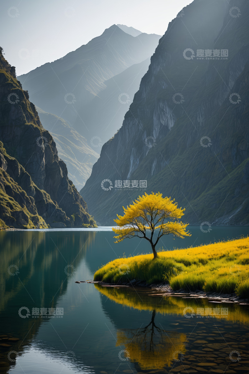 高清大图下载【趣麦麦图】山水间湖畔的孤树风景