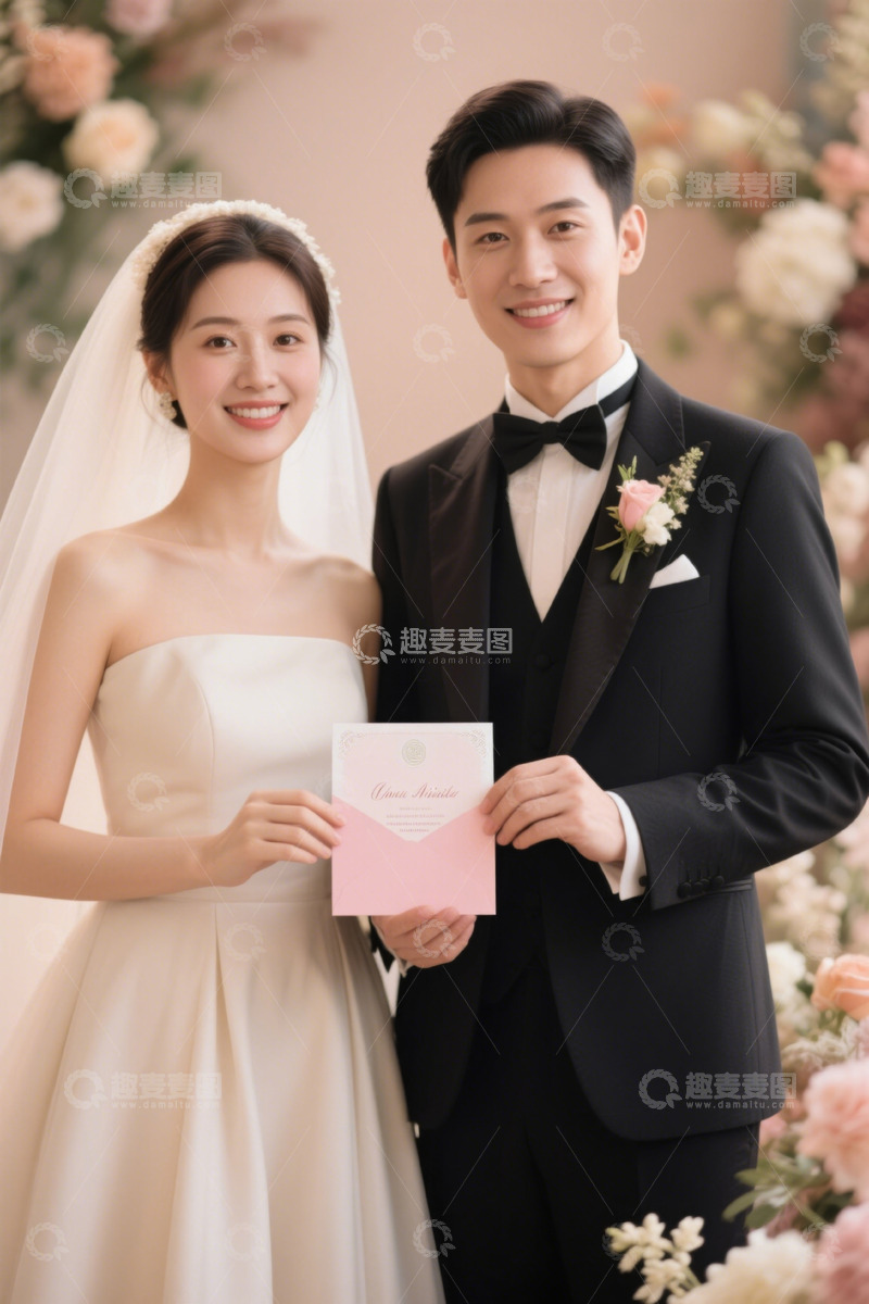 高清大图下载【趣麦麦图】新婚夫妻手持婚礼请柬合影
