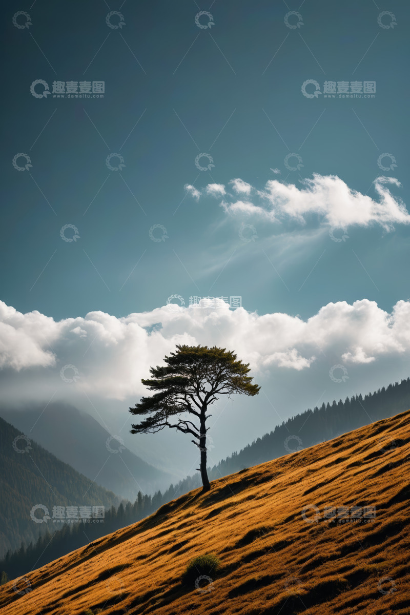 高清大图下载【趣麦麦图】山坡上独立树木与远山云海景观