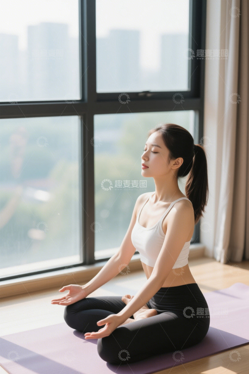 高清大图下载【趣麦麦图】室内女子静坐做瑜伽冥想