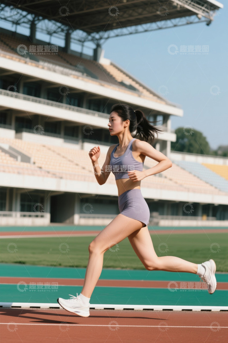 高清大图下载【趣麦麦图】女子在体育场跑道上跑步