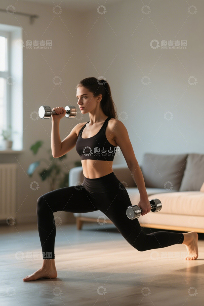 高清大图下载【趣麦麦图】女性居家手持哑铃健身