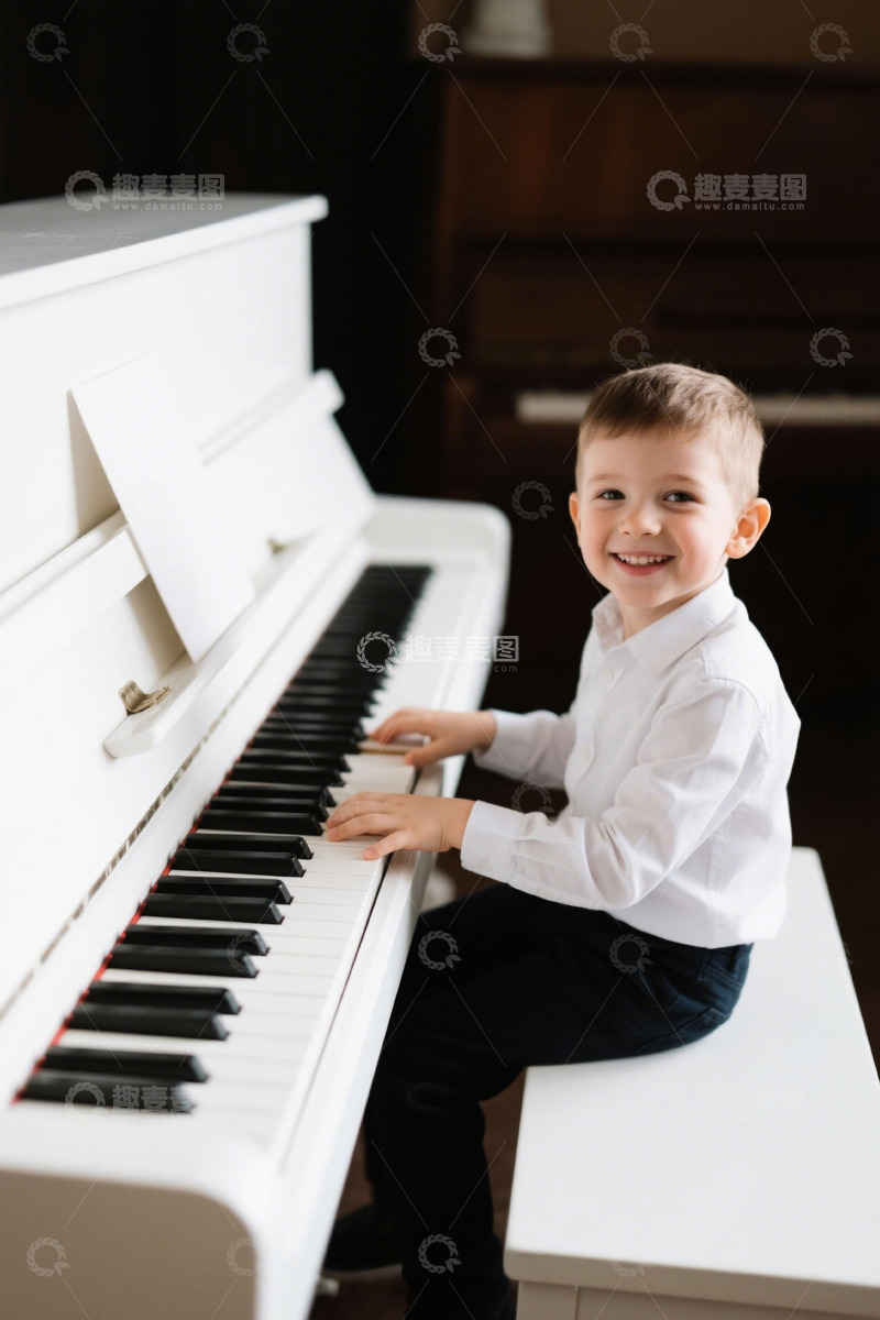高清大图下载【趣麦麦图】小男孩坐在白色钢琴前弹奏