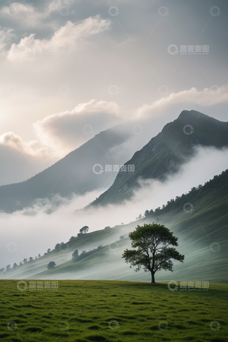 高清大图下载【趣麦麦图】山间草地孤树自然风光