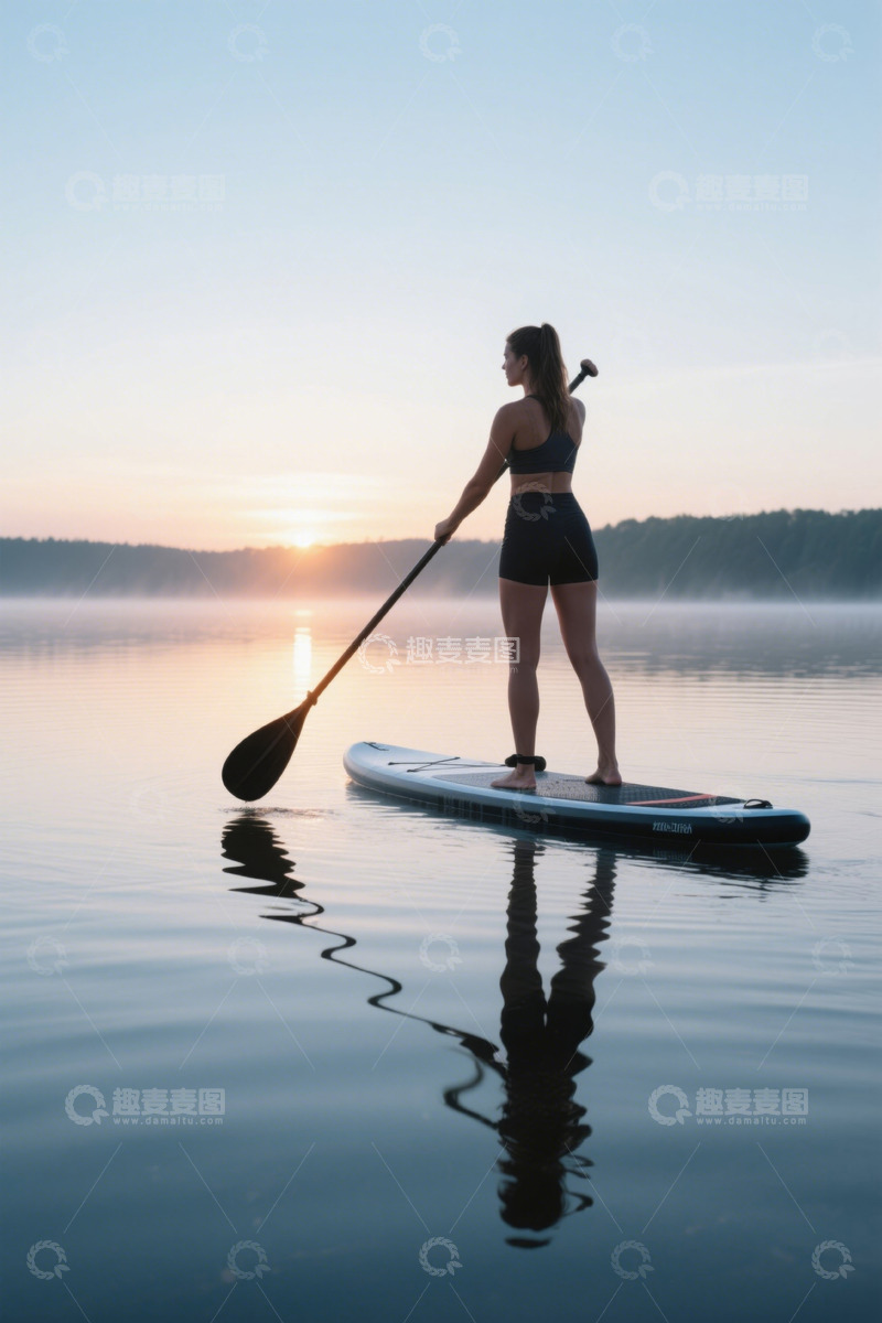 高清大图下载【趣麦麦图】女子晨雾中划桨板于湖面