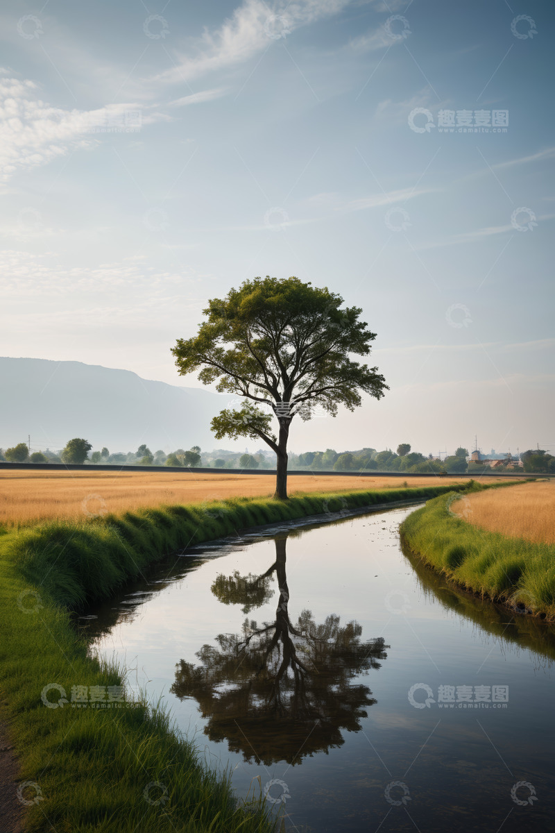 高清大图下载【趣麦麦图】田野小河旁的孤树风景