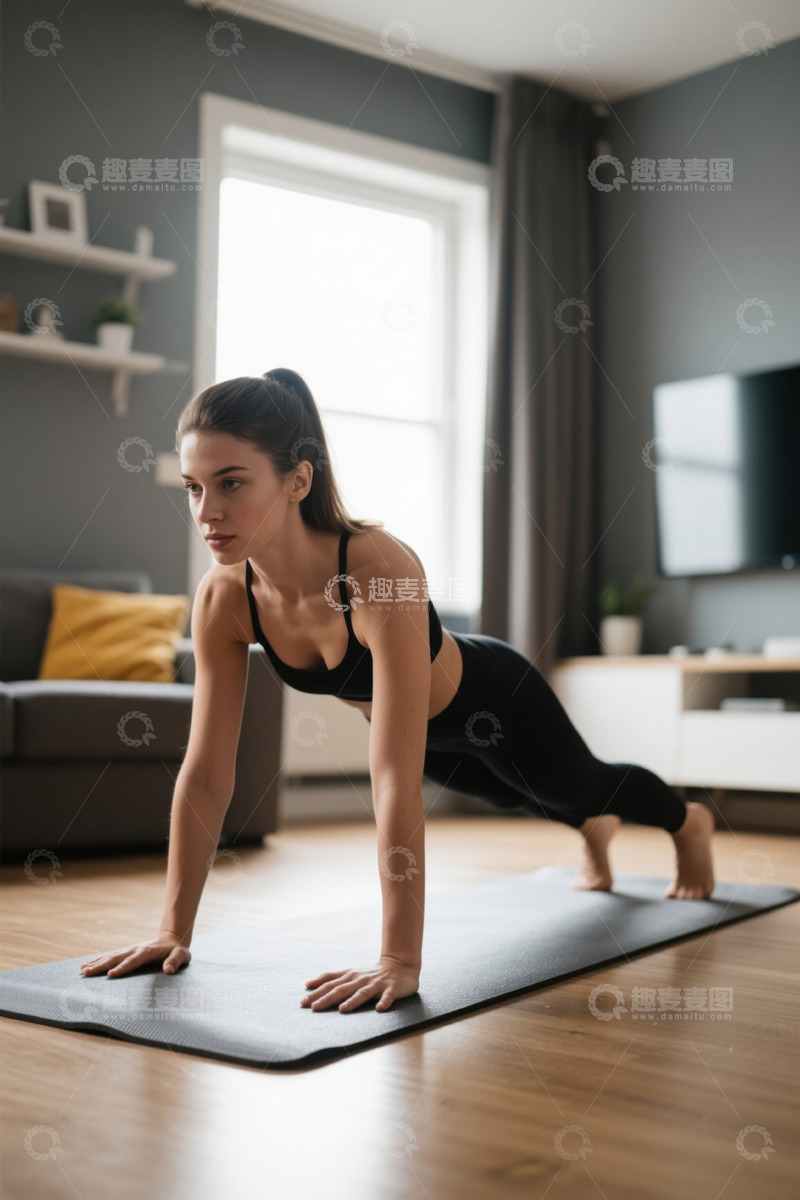 高清大图下载【趣麦麦图】居家女性做俯卧撑健身画面