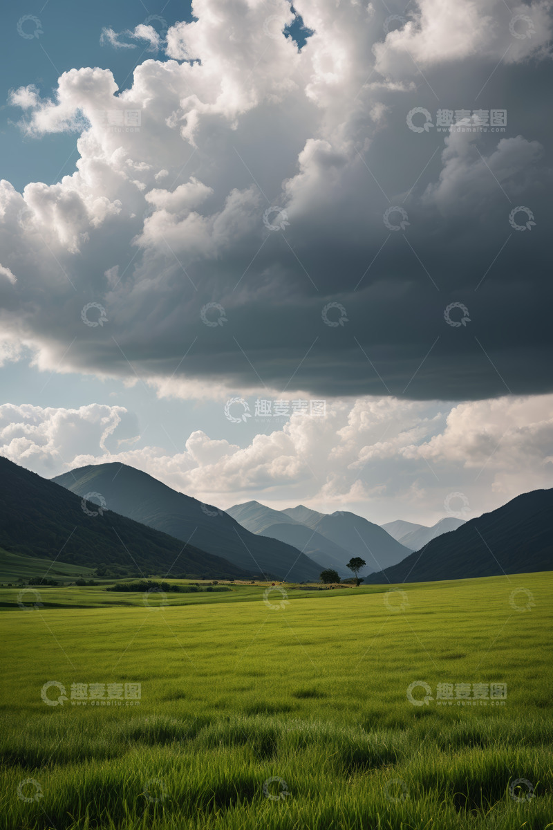 高清大图下载【趣麦麦图】广袤草原与远山天空景色