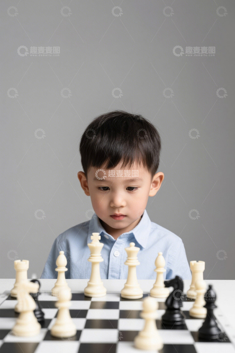 高清大图下载【趣麦麦图】小男孩专注下国际象棋