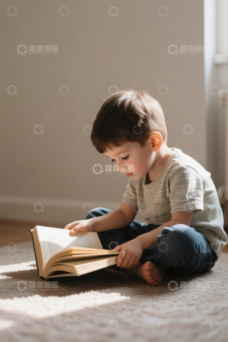 高清大图下载【趣麦麦图】小男孩室内席地而坐阅读书籍