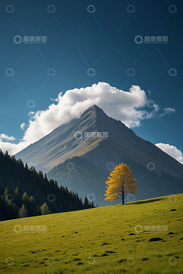 山间草地单棵黄叶树风景