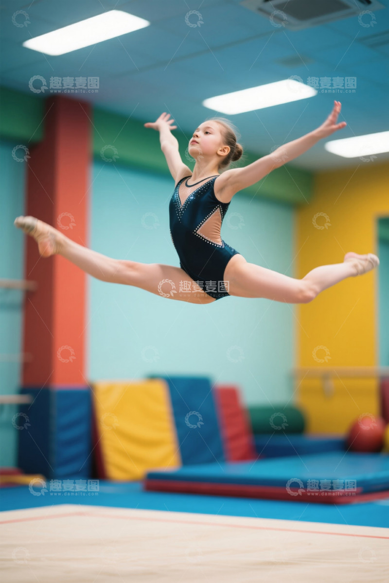 高清大图下载【趣麦麦图】小女孩室内体操跳跃瞬间