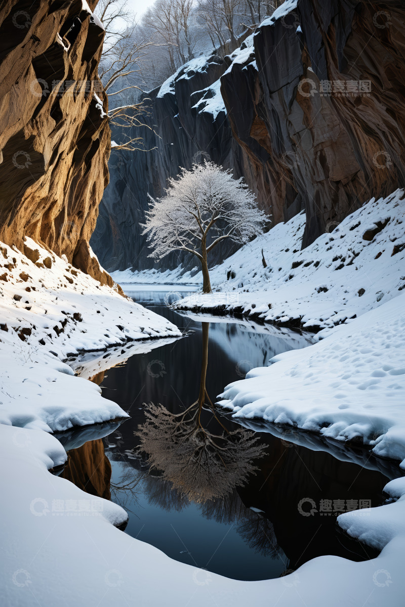 高清大图下载【趣麦麦图】冬日峡谷雪景与孤树倒影