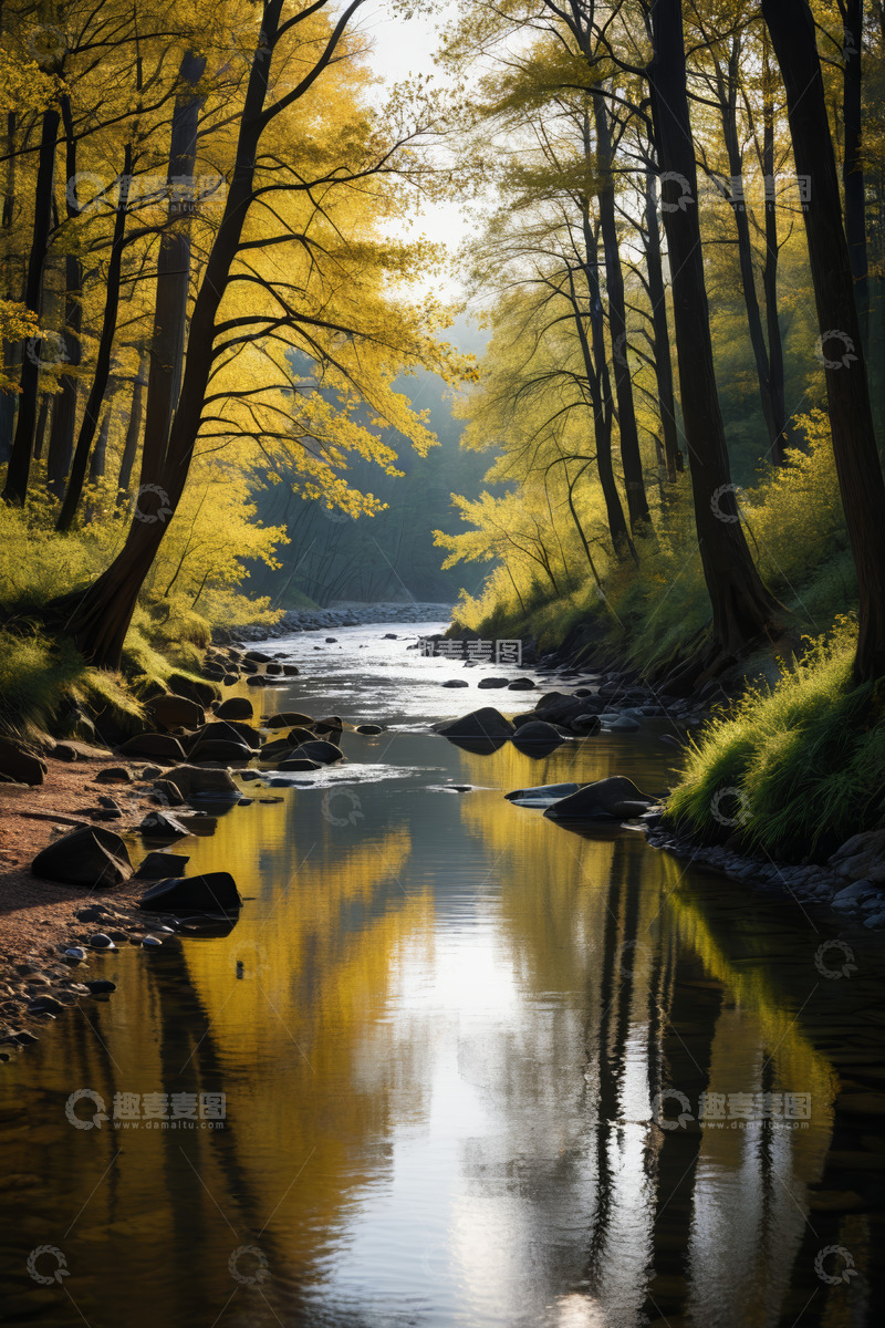 高清大图下载【趣麦麦图】秋日森林中的宁静河流