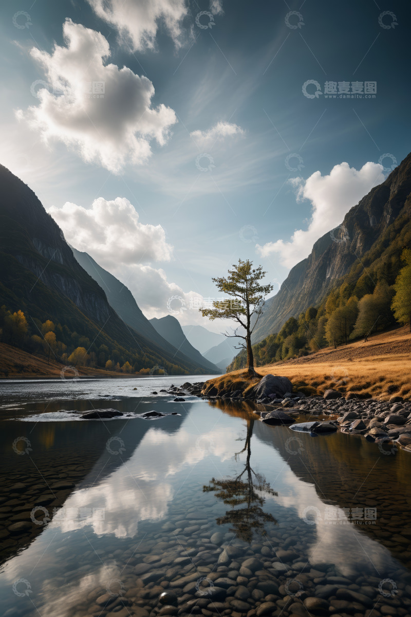 高清大图下载【趣麦麦图】山间湖泊与孤树自然风光