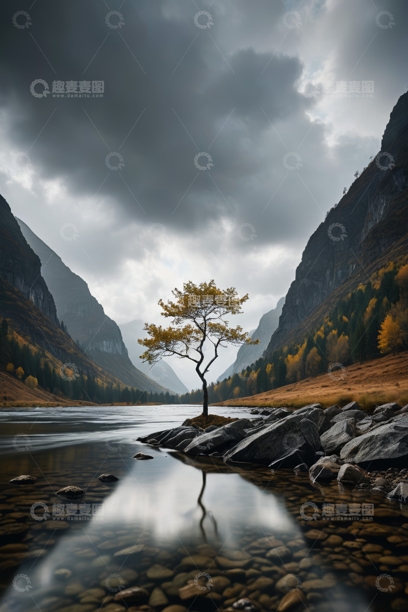 高清大图下载【趣麦麦图】山间孤树与宁静水域景观