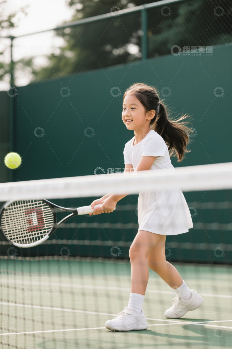 高清大图下载【趣麦麦图】小女孩在网球场打网球