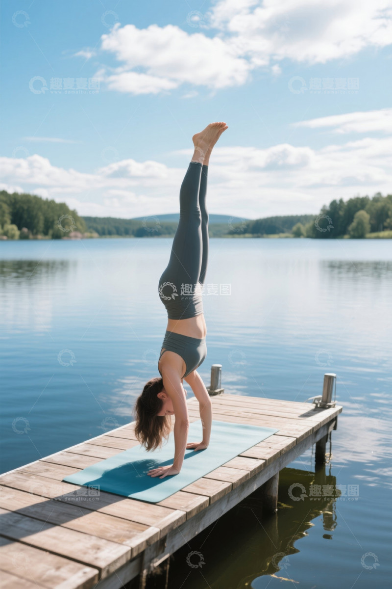 高清大图下载【趣麦麦图】湖畔码头女人倒立瑜伽