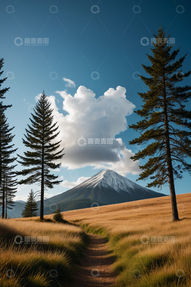 高清大图下载【趣麦麦图】富士山自然风光草地与树木景观