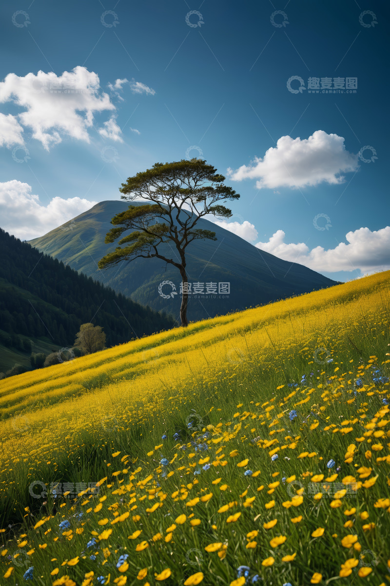 高清大图下载【趣麦麦图】山间花海中的孤独树木