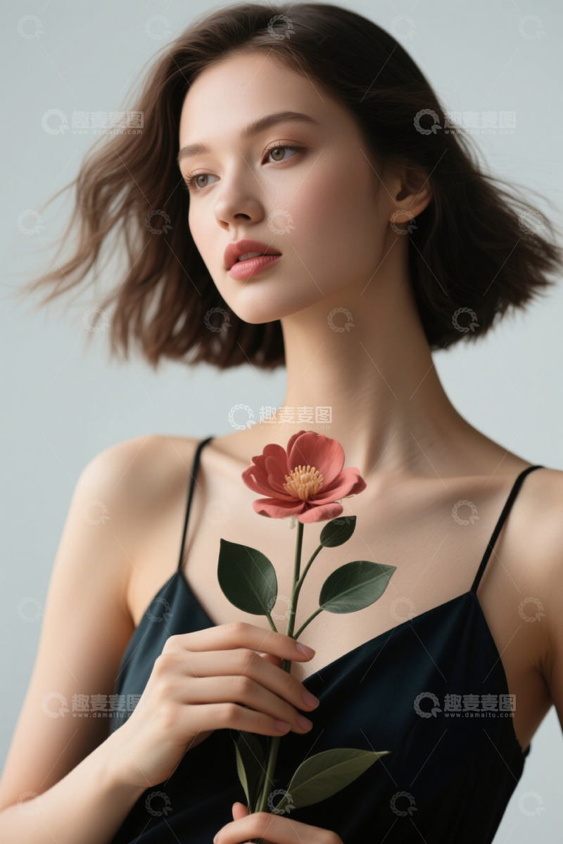 高清大图下载【趣麦麦图】手持花朵的时尚女性肖像