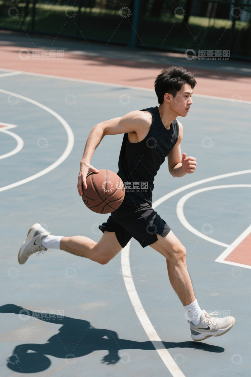 高清大图下载【趣麦麦图】男子户外篮球场运球奔跑