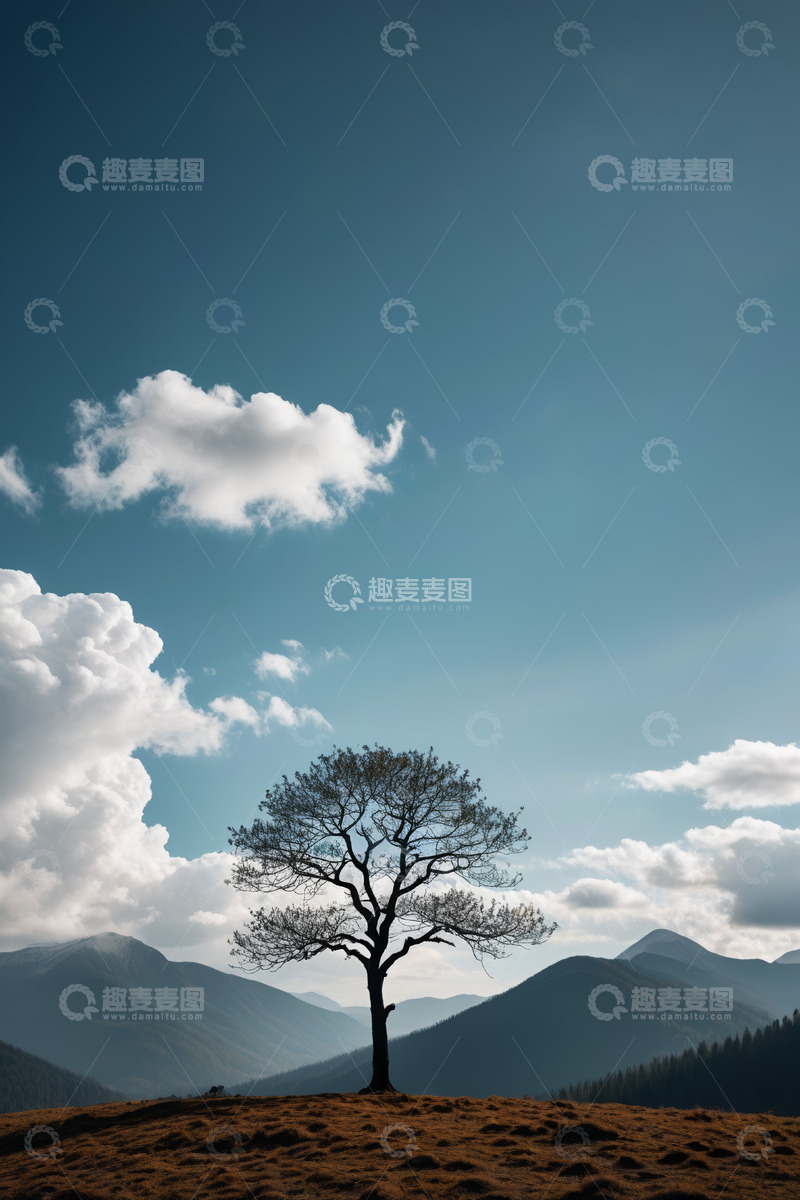 高清大图下载【趣麦麦图】山间孤树与蓝天白云风景