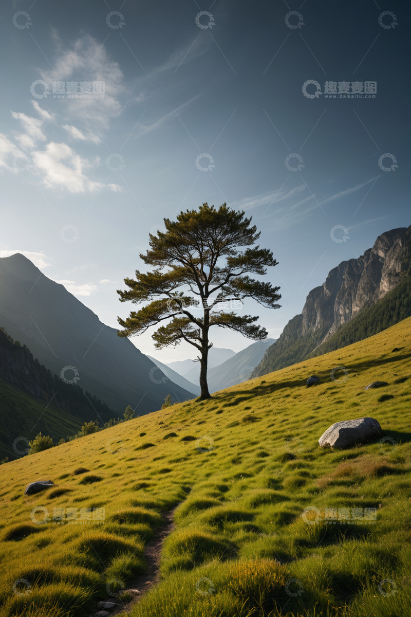 高清大图下载【趣麦麦图】山间草地孤树自然风光