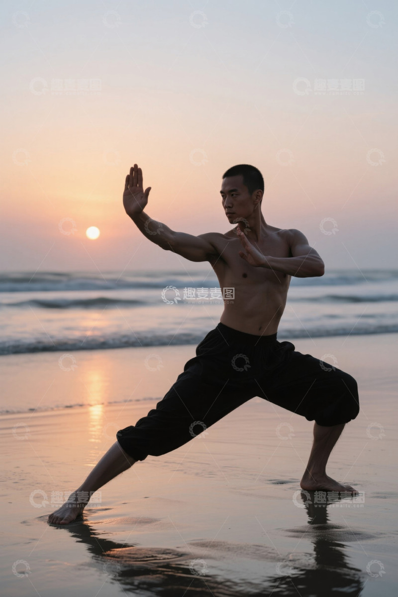 高清大图下载【趣麦麦图】海滩上男子练武术身姿矫健