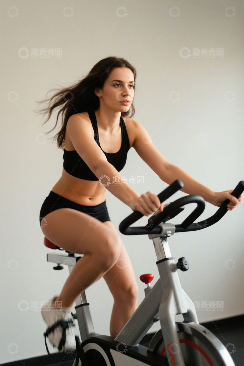 高清大图下载【趣麦麦图】女性在室内骑健身自行车