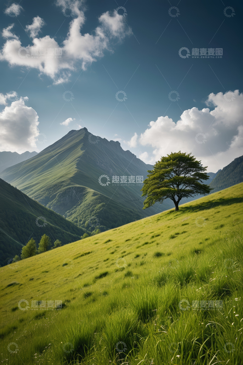 高清大图下载【趣麦麦图】青山绿草间的孤树风景