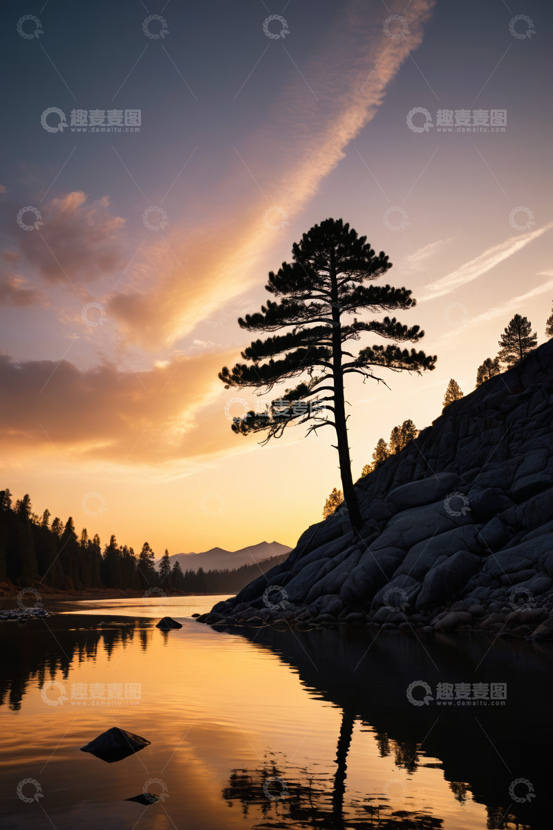 高清大图下载【趣麦麦图】湖畔孤松与黄昏倒影风景