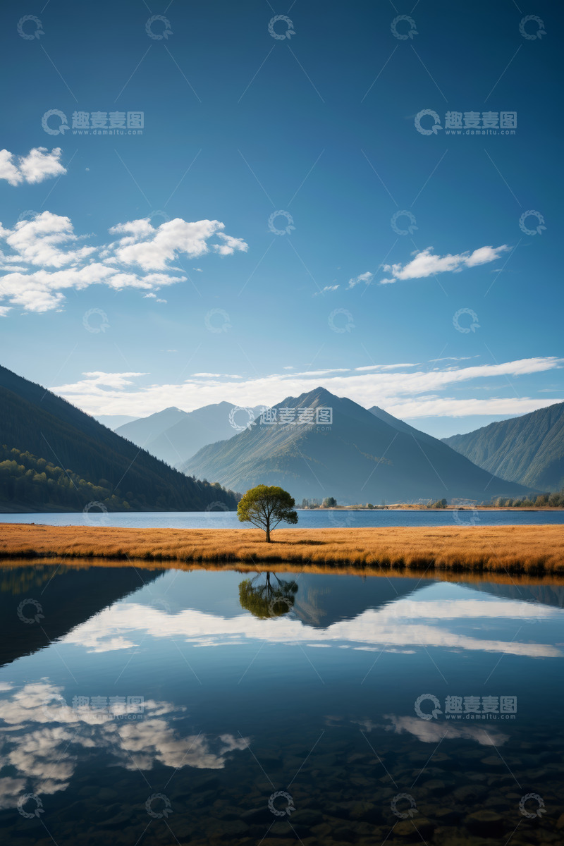 高清大图下载【趣麦麦图】湖边孤树与远山自然风光