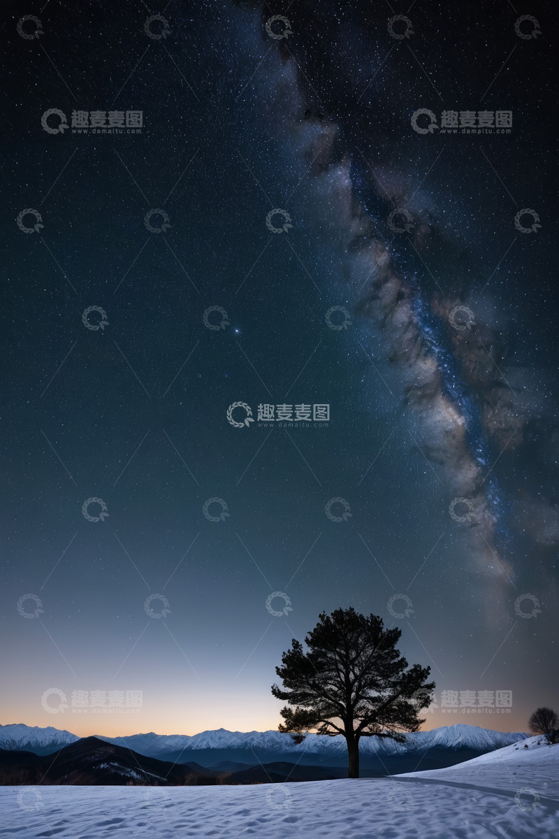 高清大图下载【趣麦麦图】雪地孤树与夜空银河景象