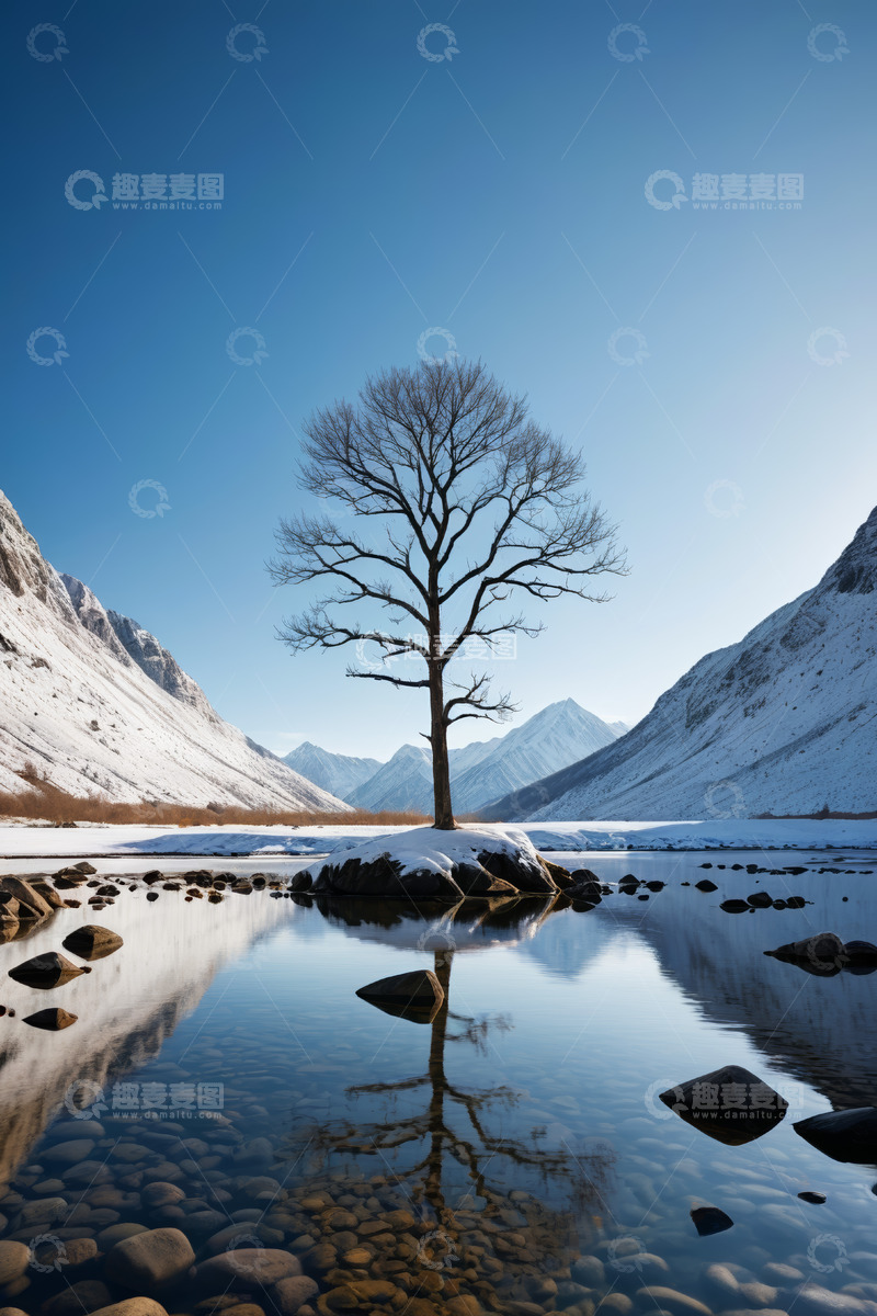 高清大图下载【趣麦麦图】雪山间孤树立于平静水面