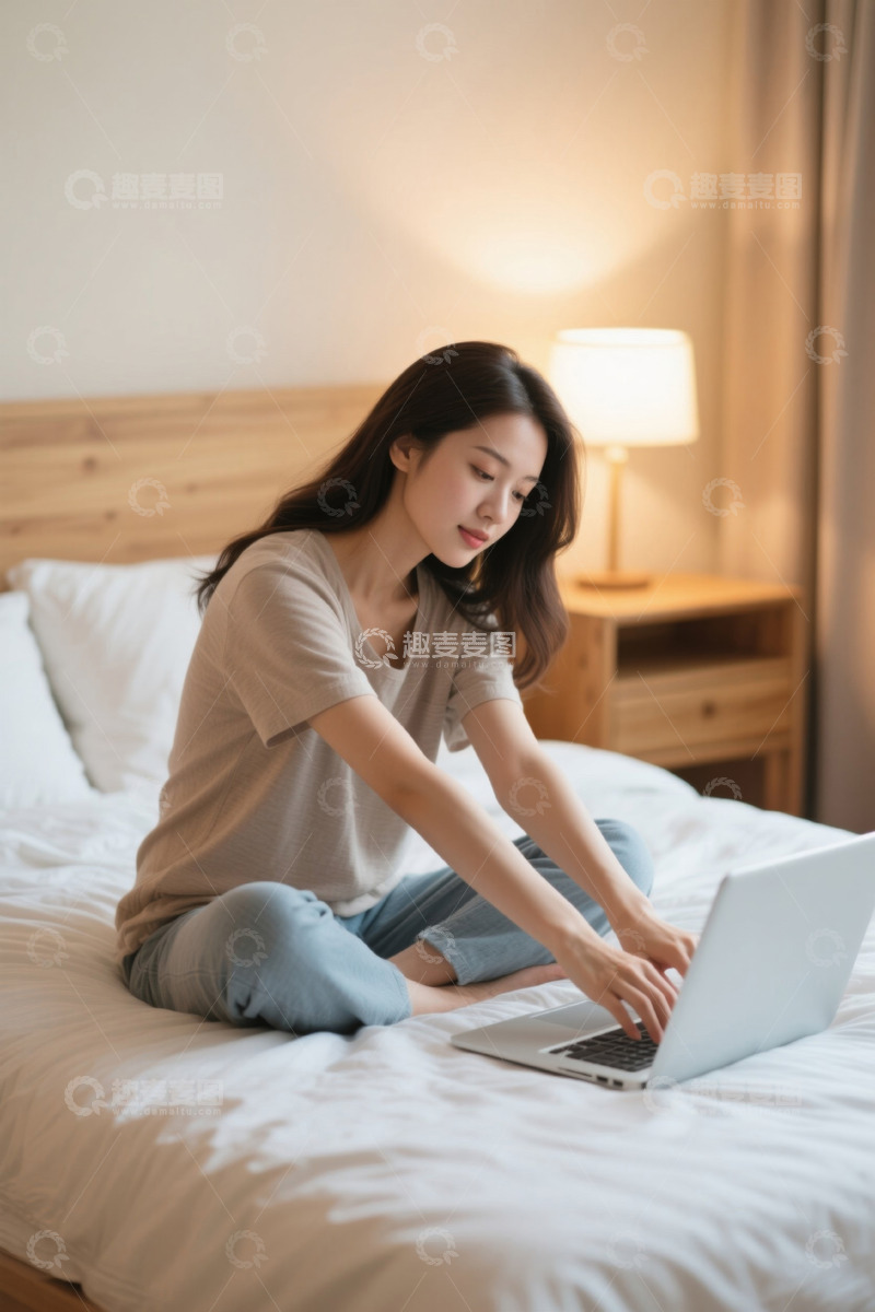 高清大图下载【趣麦麦图】女子在床上使用笔记本电脑