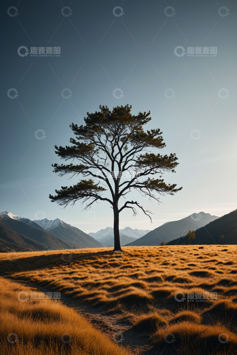 高清大图下载【趣麦麦图】旷野孤树与远山自然风光