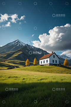 山间草原上的小屋风景