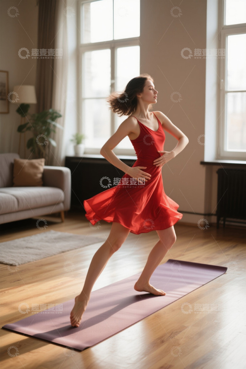 高清大图下载【趣麦麦图】室内红衣女子瑜伽锻炼场景