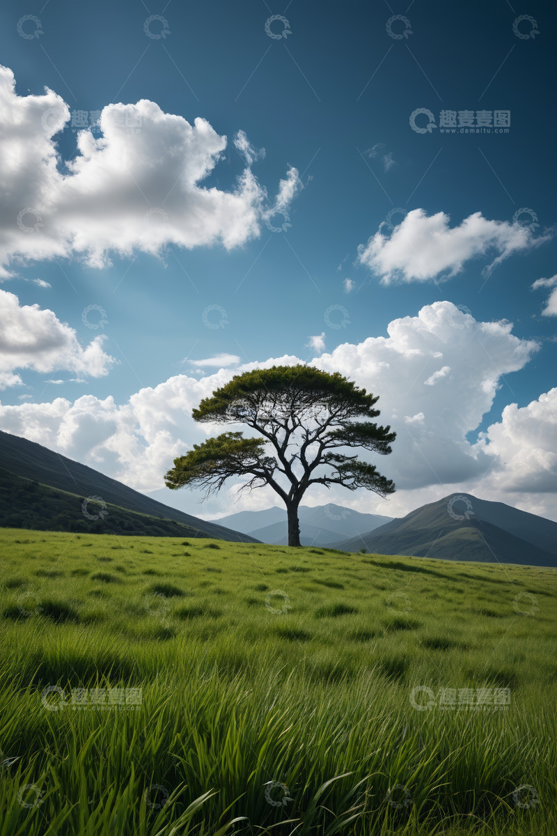 高清大图下载【趣麦麦图】草原上的孤树与蓝天白云景观