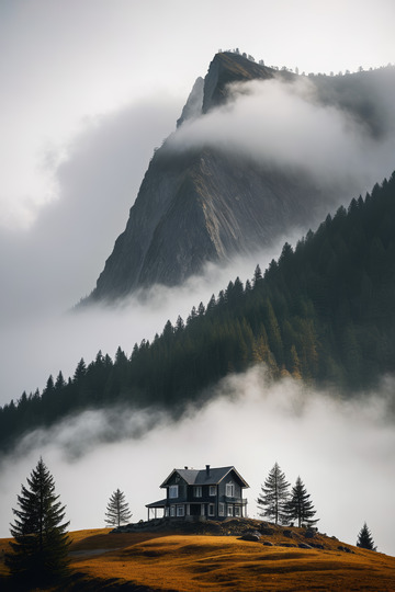 山间云雾中的独栋小屋
