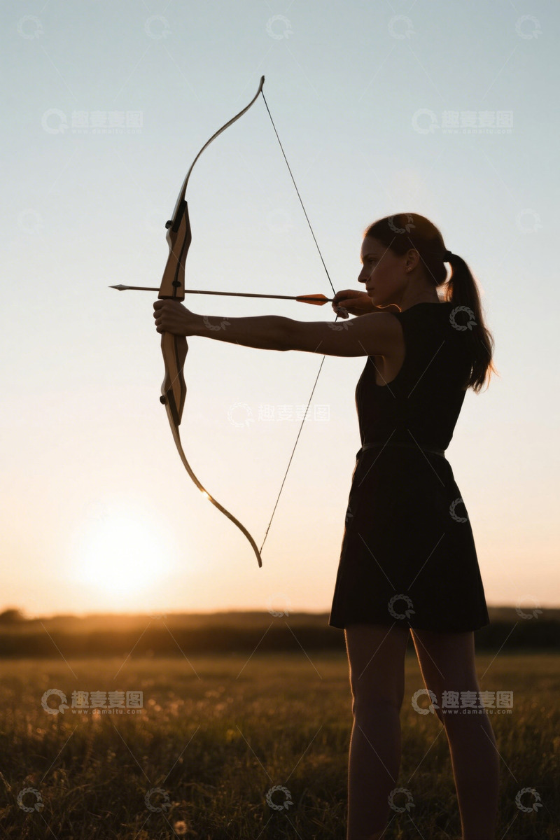高清大图下载【趣麦麦图】户外女子夕阳下射箭瞬间