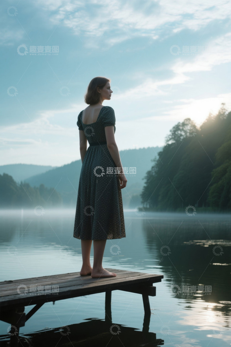 高清大图下载【趣麦麦图】女子立于湖边木栈道远眺风景