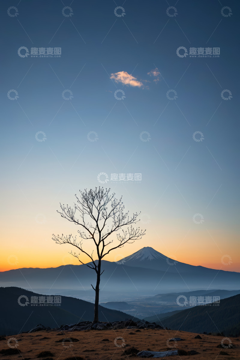 高清大图下载【趣麦麦图】富士山前景色中的孤独枯树