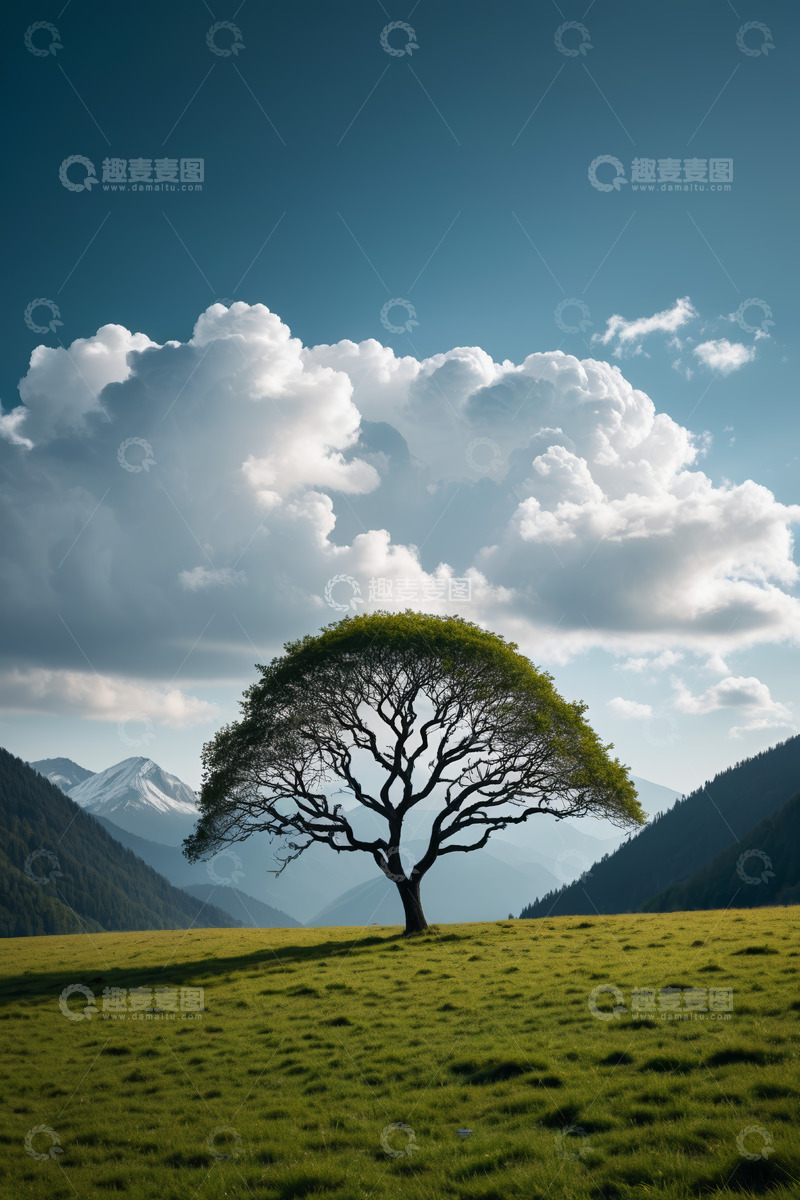 高清大图下载【趣麦麦图】草原上的孤树与远山景观