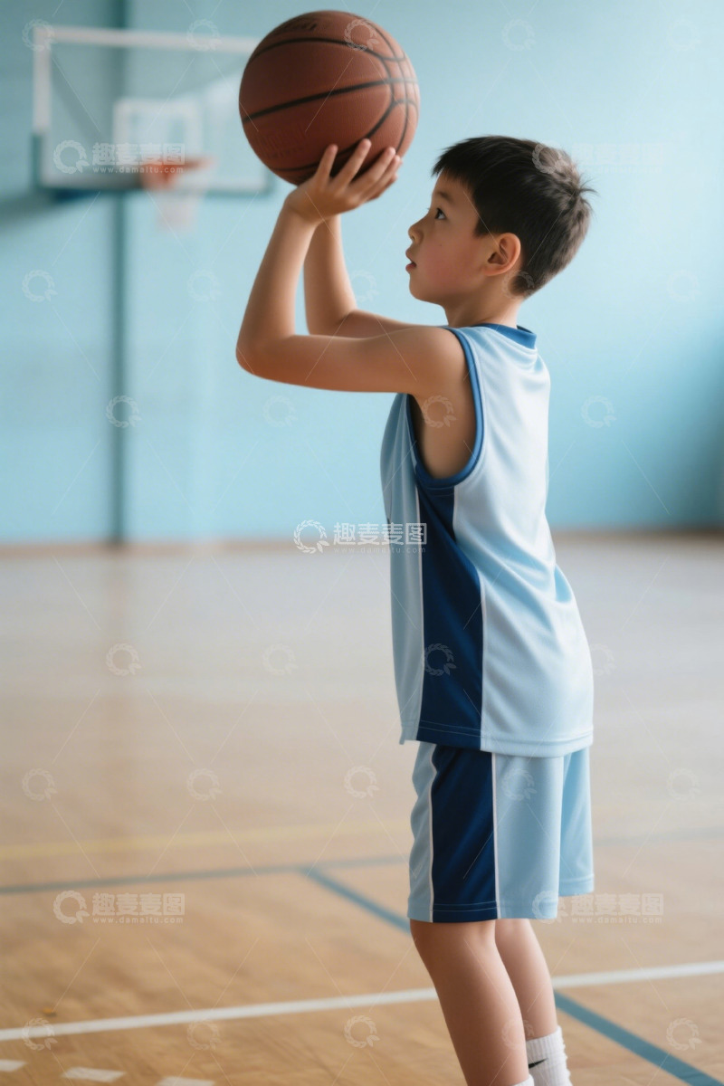 高清大图下载【趣麦麦图】小男孩篮球场内准备投篮