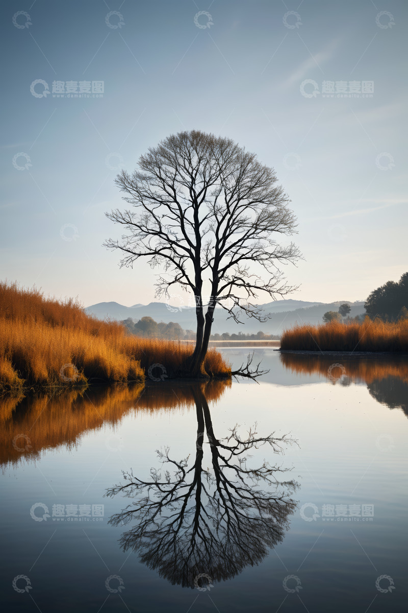 高清大图下载【趣麦麦图】湖畔孤树自然风光